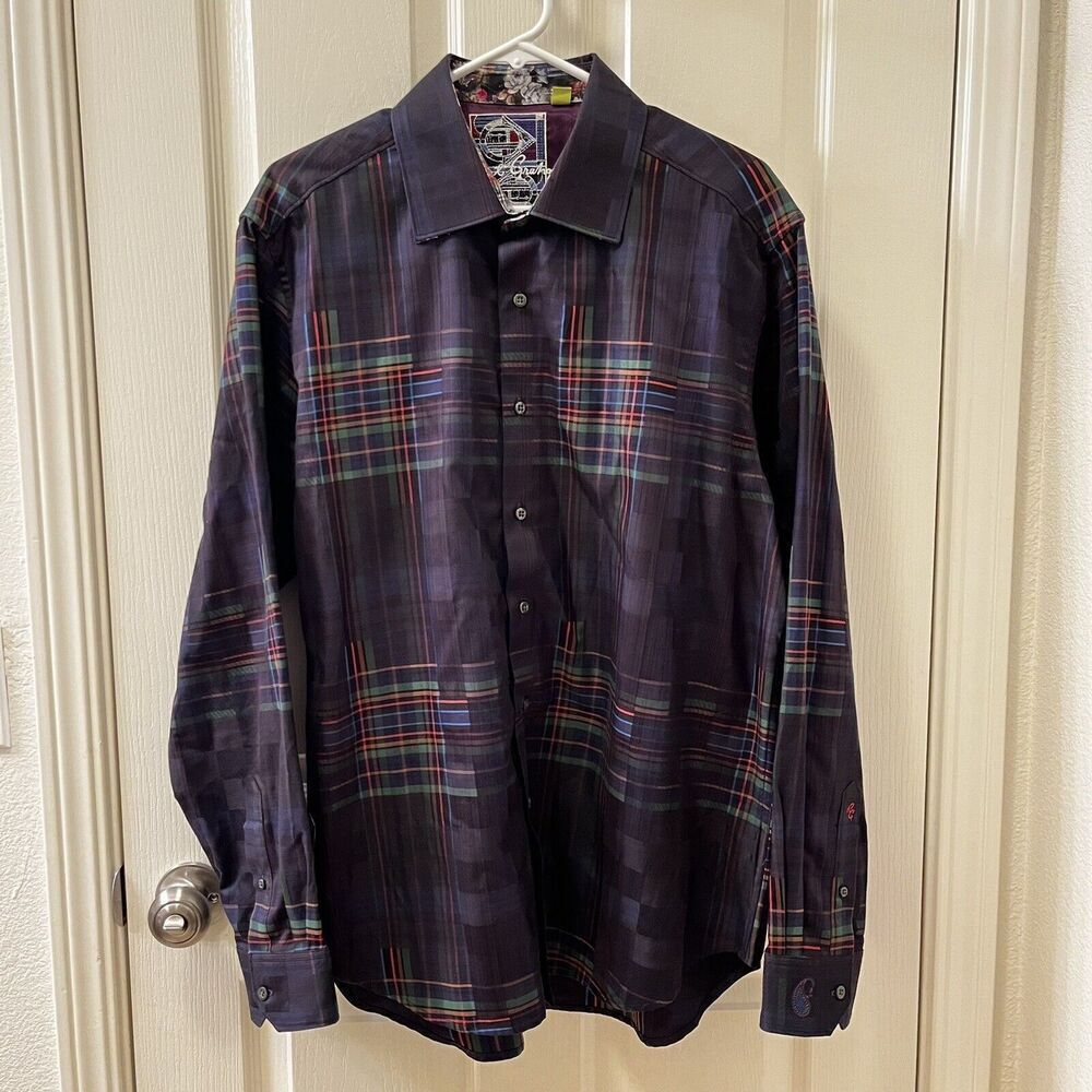 Robert Graham Rainbow Plaid Classic Fit Button Up Shirt Floral Contrast Cuffs XL